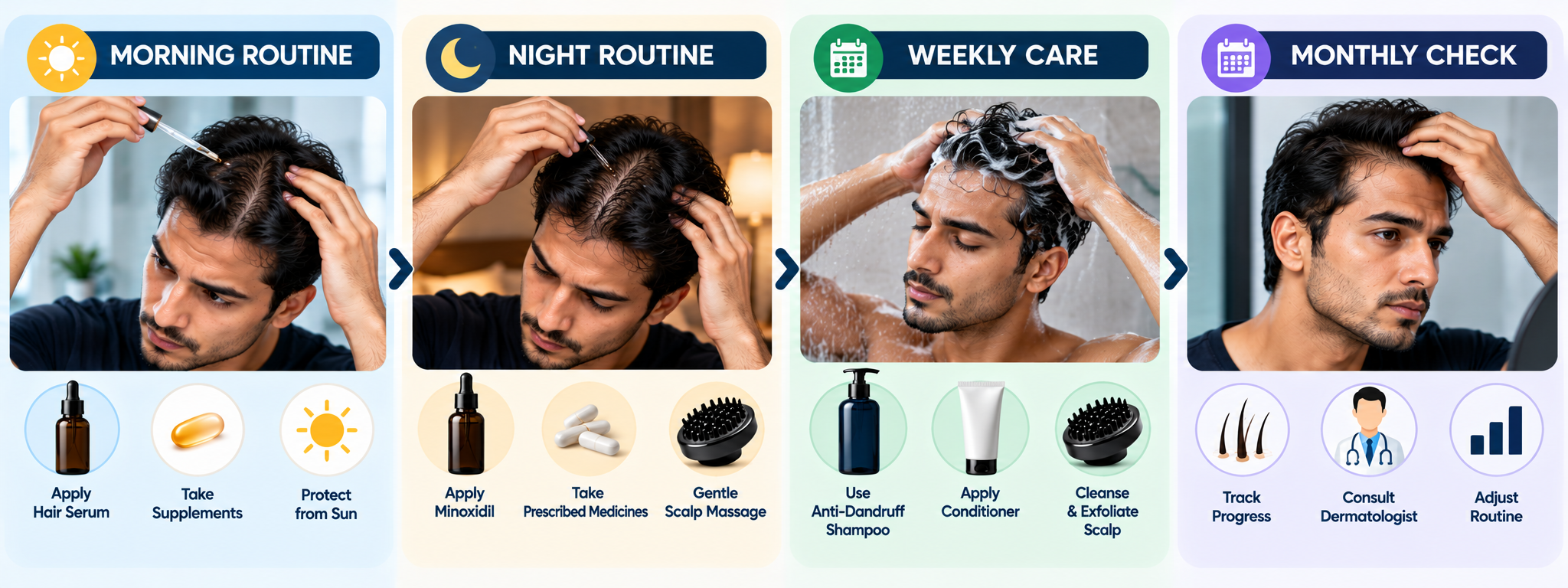 Men’s hair loss routine showing morning, night, weekly and monthly hair care steps
