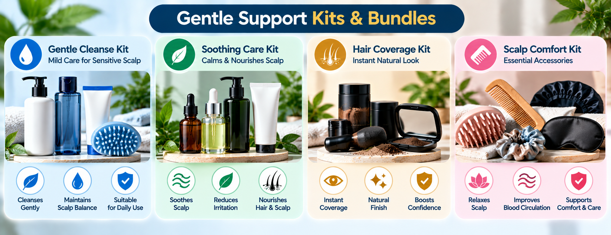 Gentle supportive kits for sensitive scalp care, soothing hair care, hair coverage and scalp comfort