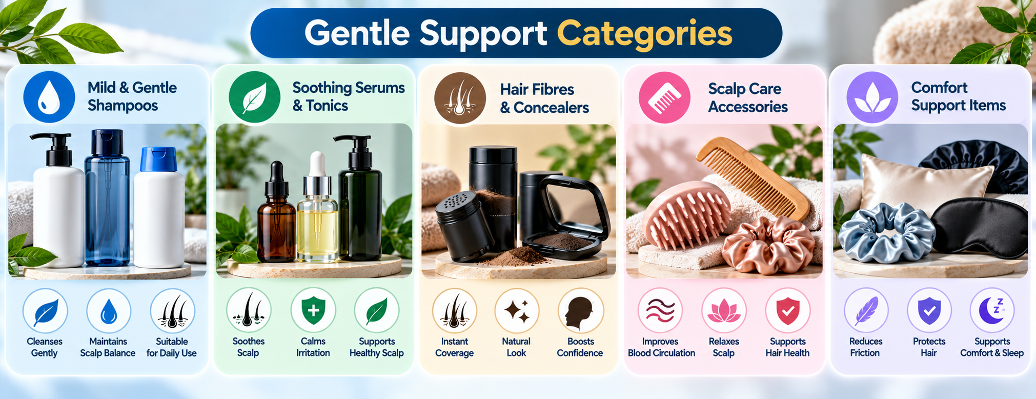 Gentle hair support categories including mild shampoos, soothing serums, hair fibres and scalp accessories