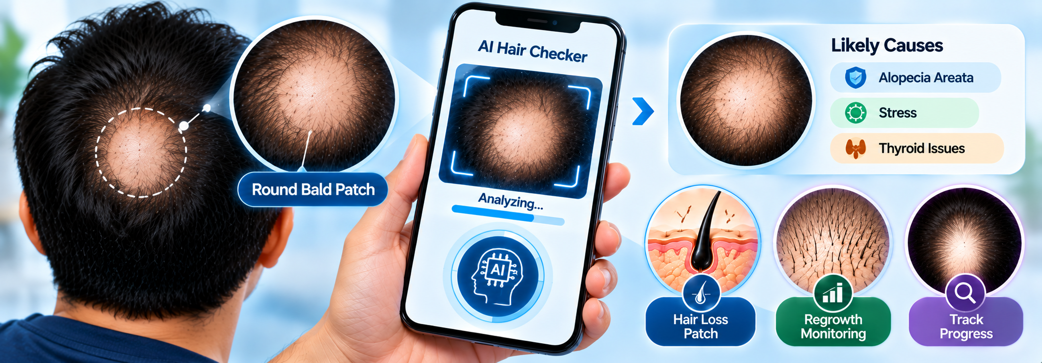 AI checker screening a round bald patch and showing hair loss analysis — Hairsncares