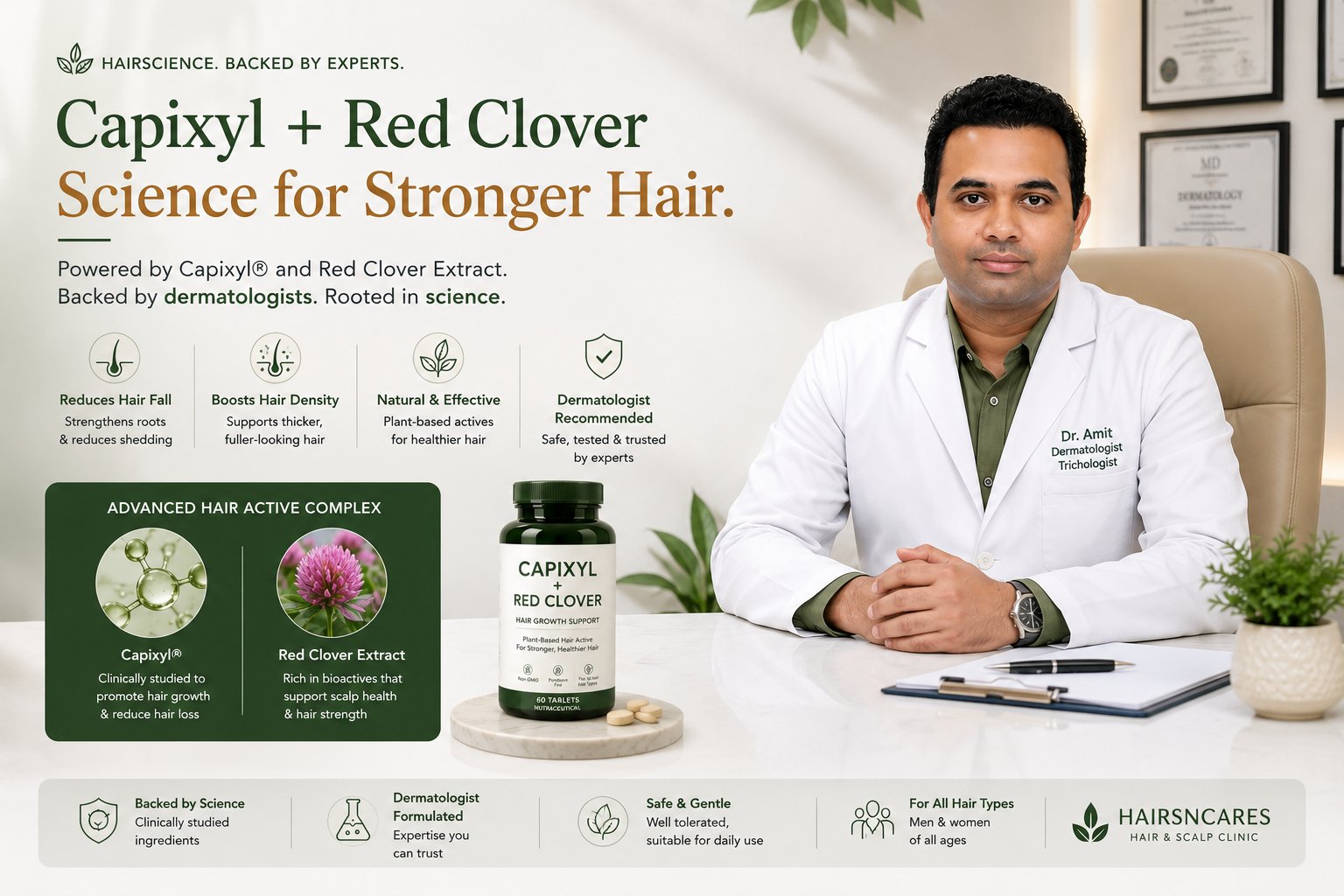 Capixyl cosmetic hair serum with red clover and dermatologist guidance
