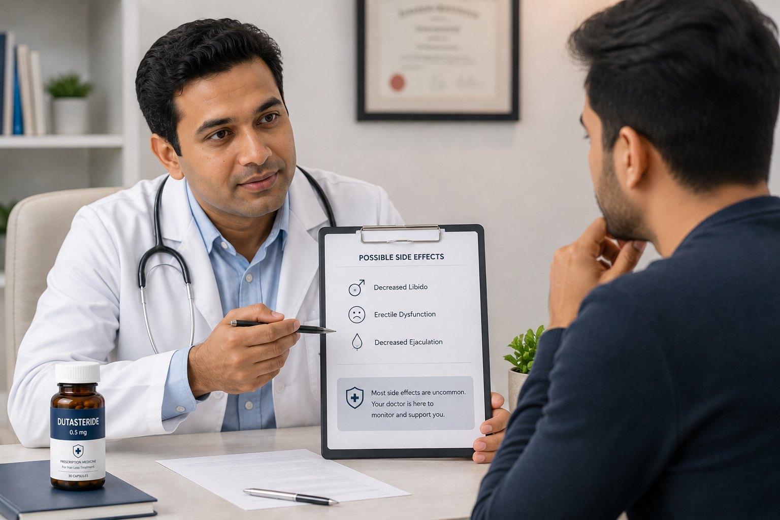 Dermatologist discussing Dutasteride side effects and safety concerns