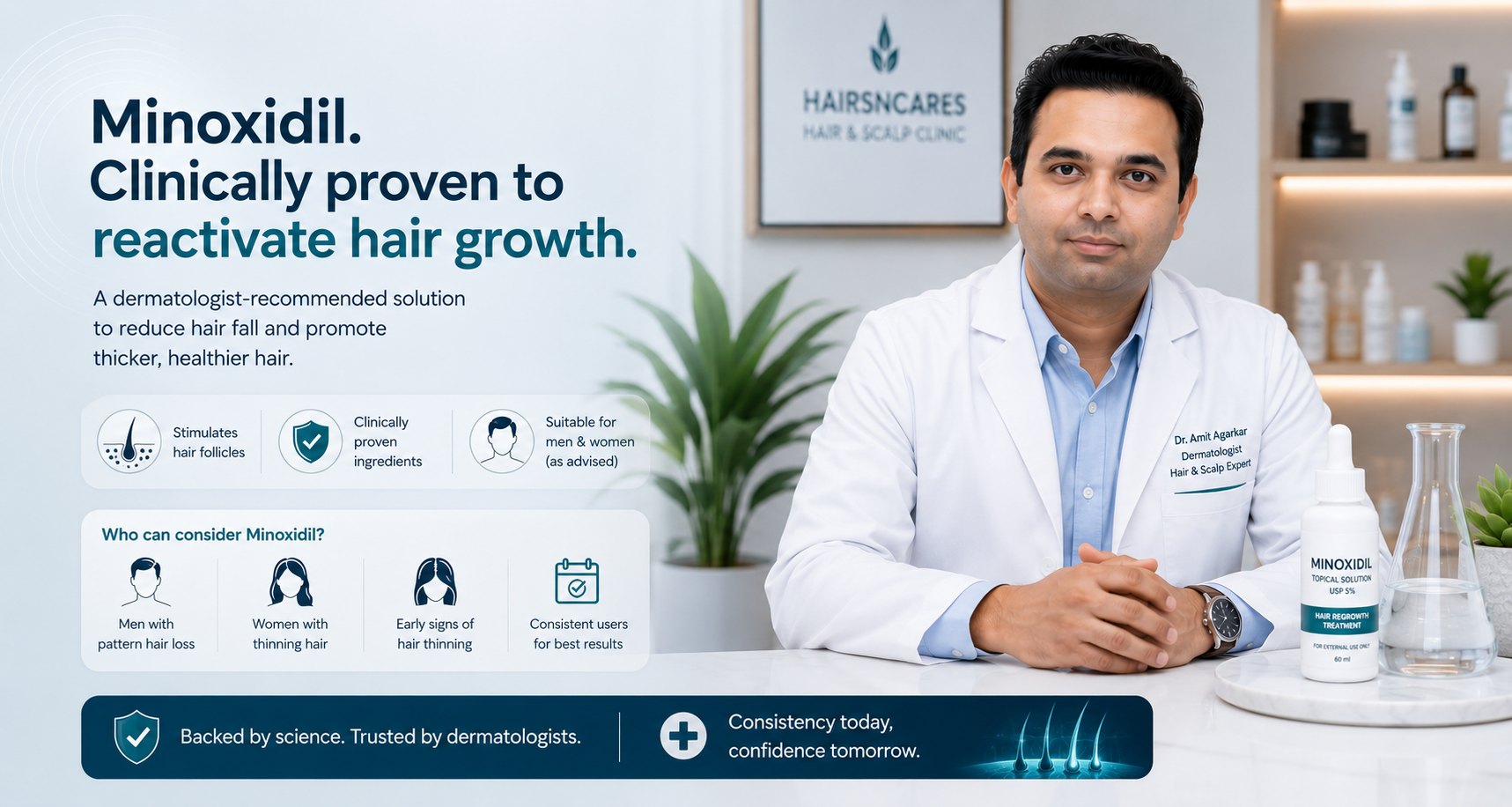 Minoxidil for hair loss with dermatologist guidance and suitability assessment