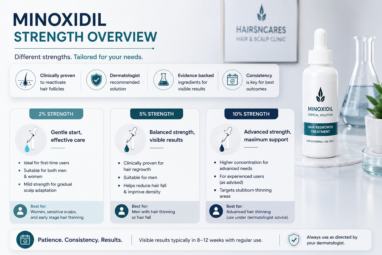 Minoxidil 2 percent 5 percent and 10 percent strength overview with doctor guidance