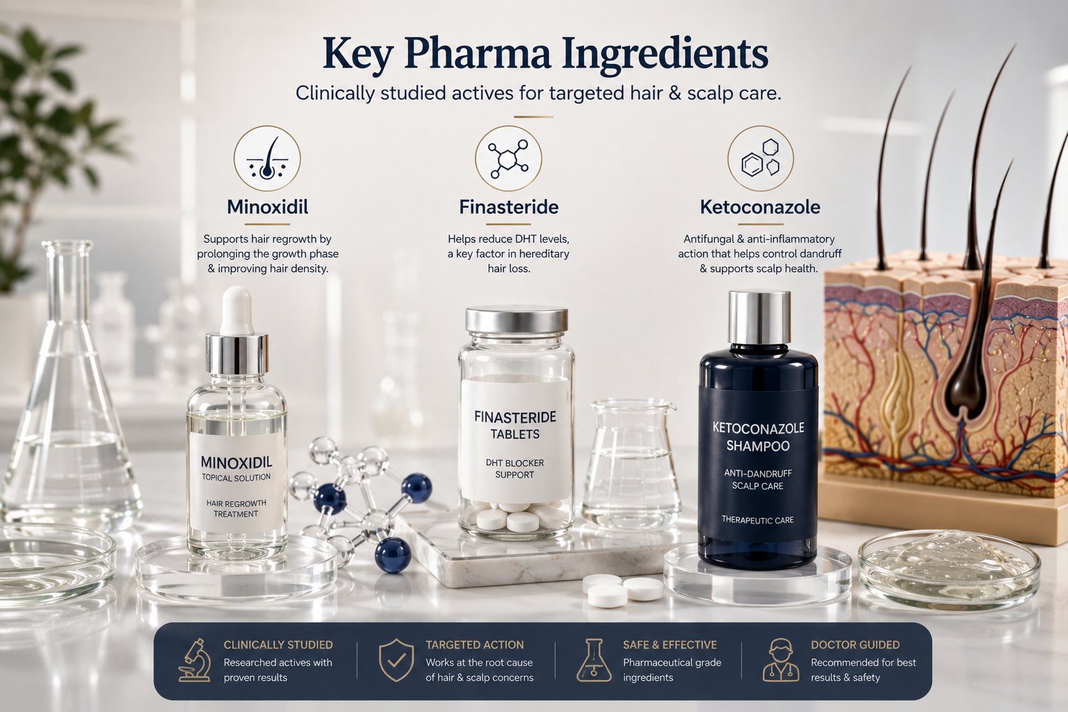 Minoxidil Finasteride and Ketoconazole ingredients for pharma haircare education