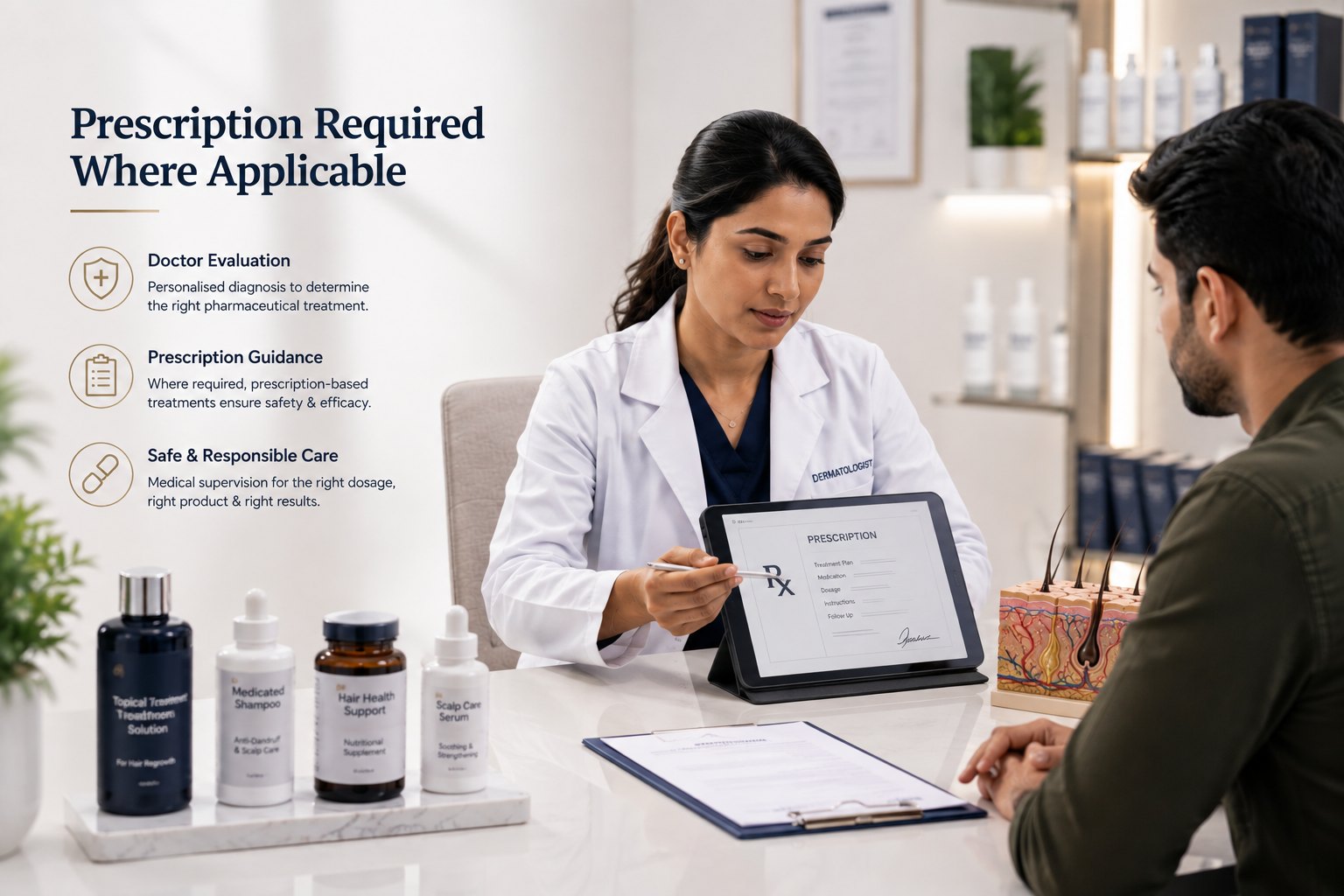 Dermatologist reviewing prescription requirements for pharma haircare treatment