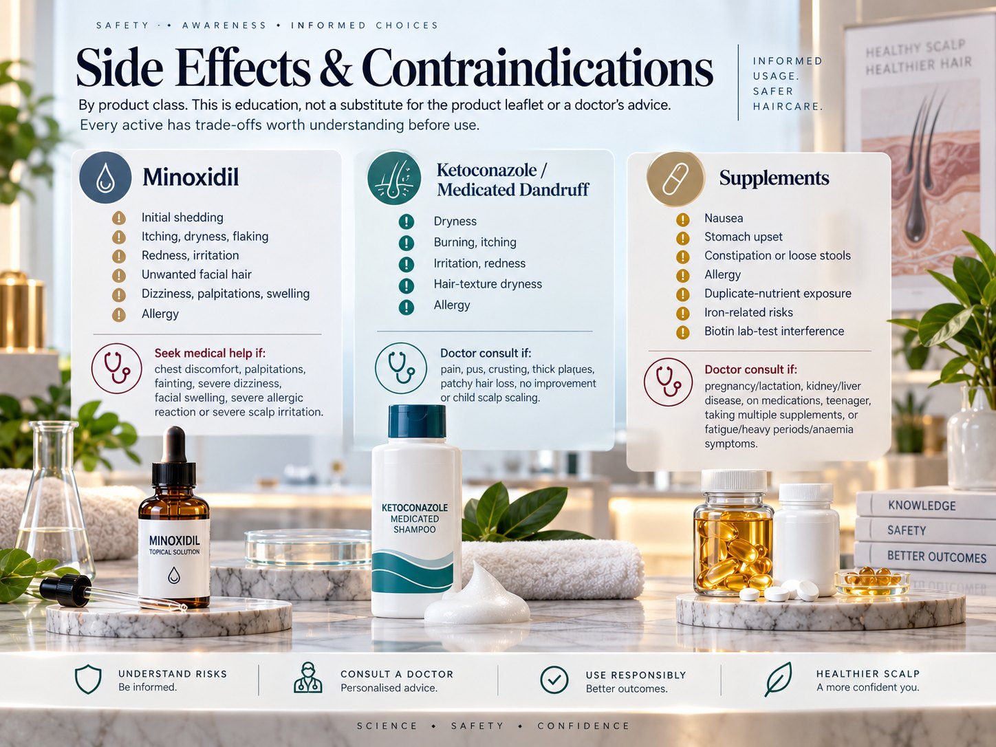 Side-effect awareness for Minoxidil Ketoconazole medicated dandruff treatments and hair supplements