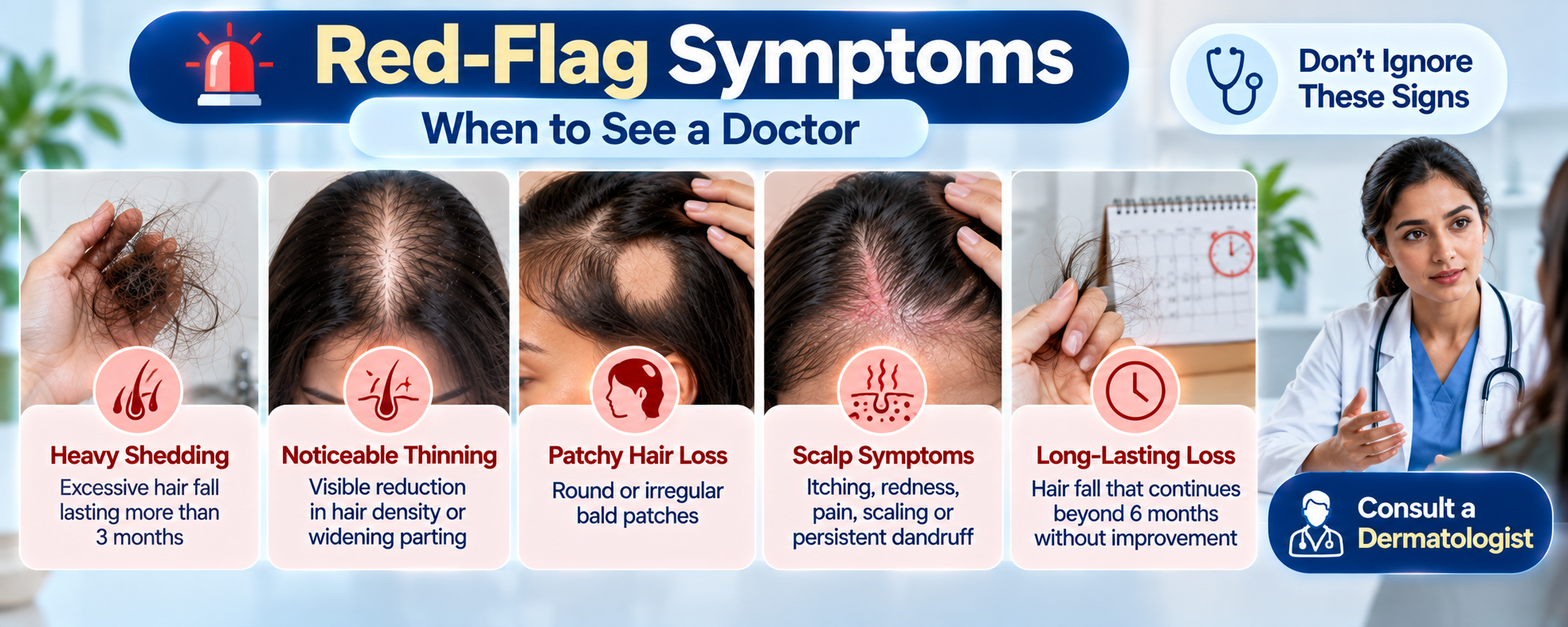 Post-COVID hair fall warning signs including heavy shedding, noticeable thinning, patchy hair loss, scalp symptoms and persistent hair loss