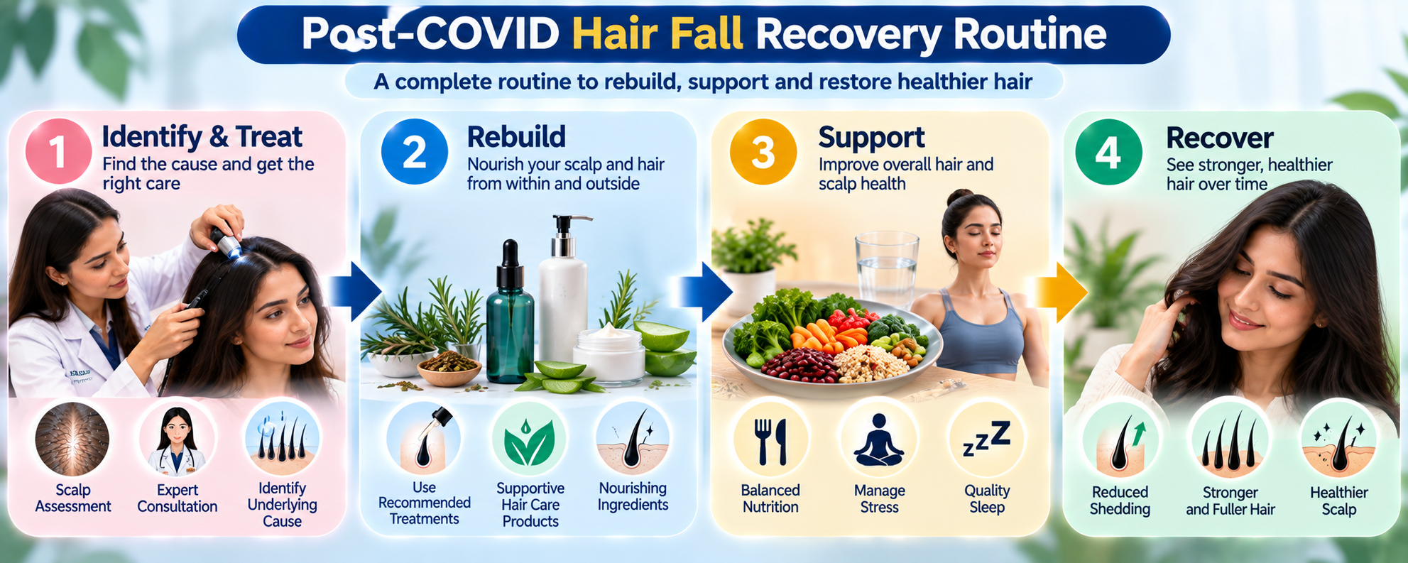 Post-COVID hair fall recovery routine showing four steps: identify the cause, rebuild, support and recover