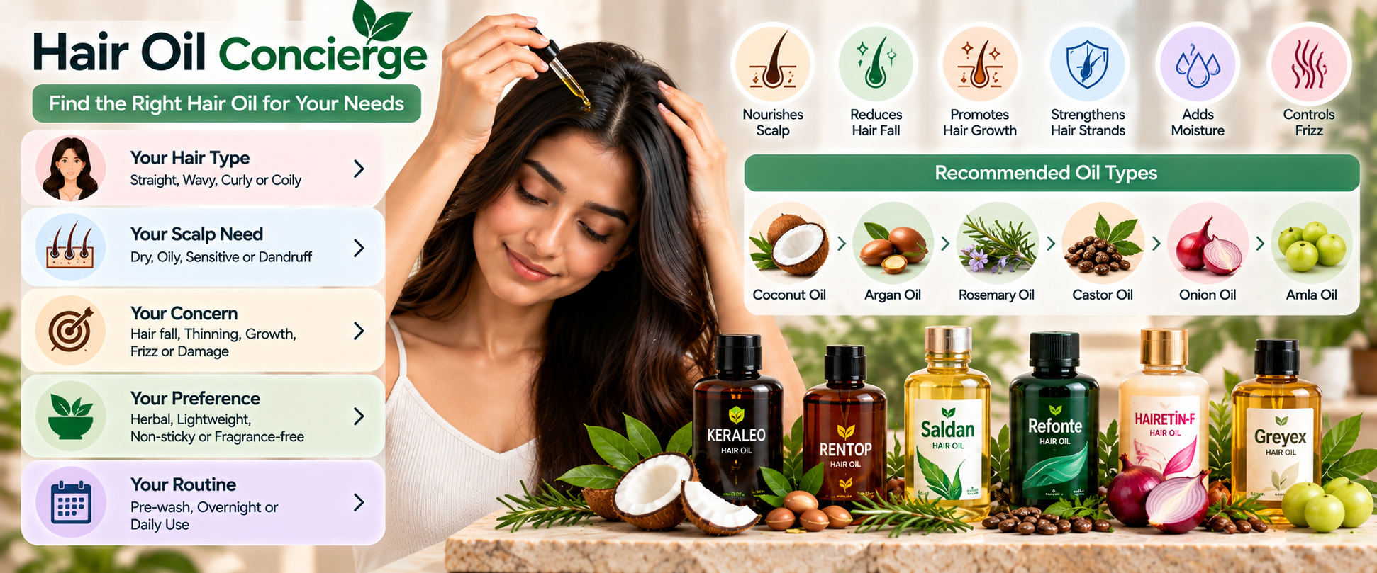 Hair Oil Concierge personalised guide for choosing hair oil by hair type, scalp needs, concerns and routine — Hairsncares
