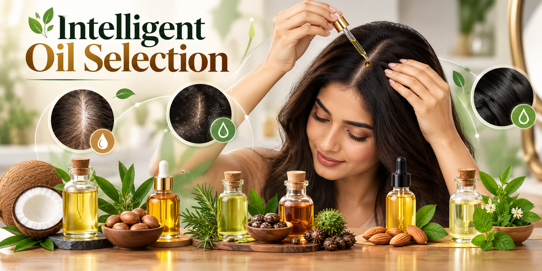 Intelligent hair oil selection showing scalp assessment, natural oils and targeted oiling for different hair and scalp needs