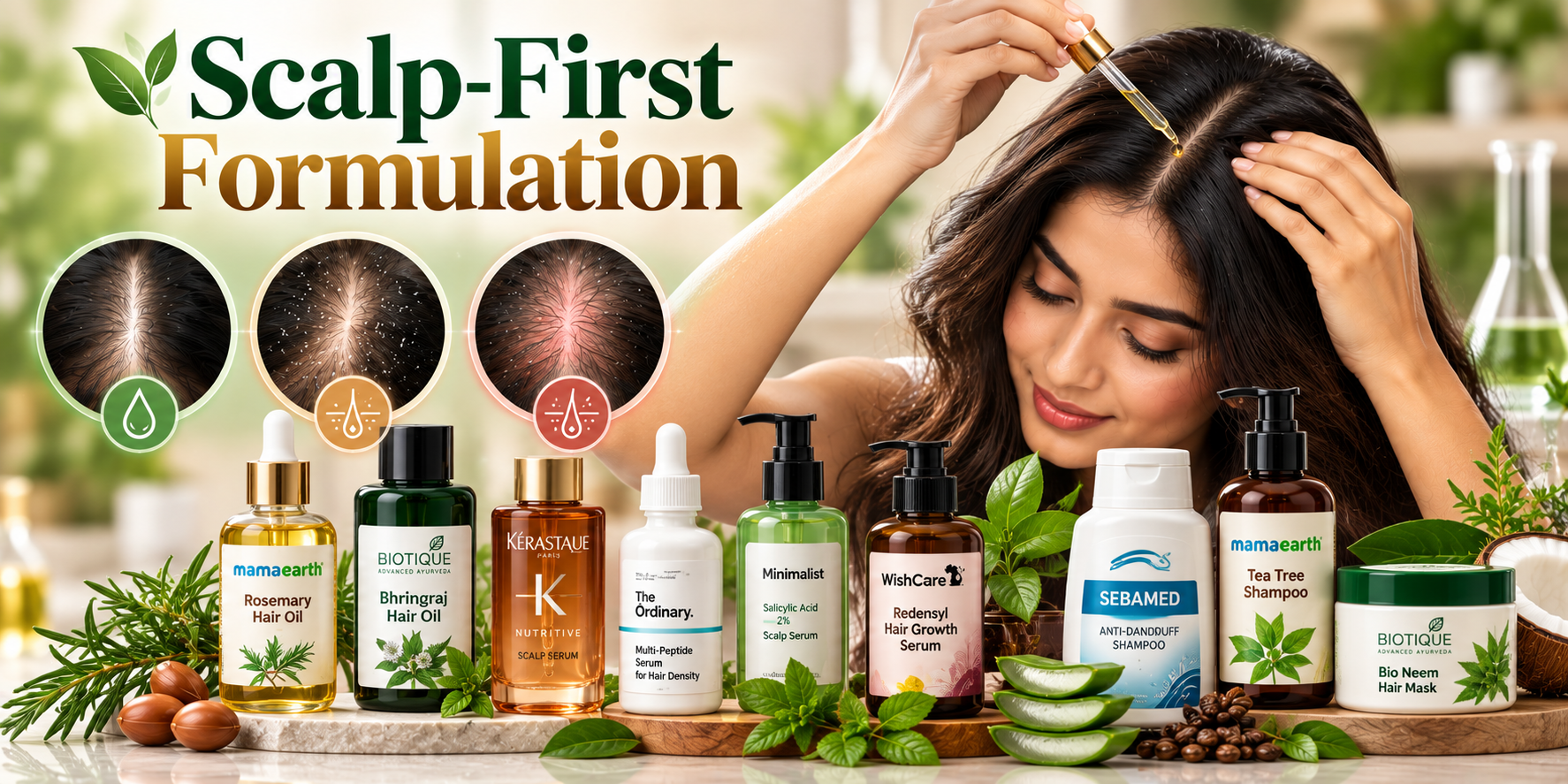 Scalp-first formulation with labeled hair oils, scalp serums, anti-dandruff shampoo and hair mask for targeted scalp care