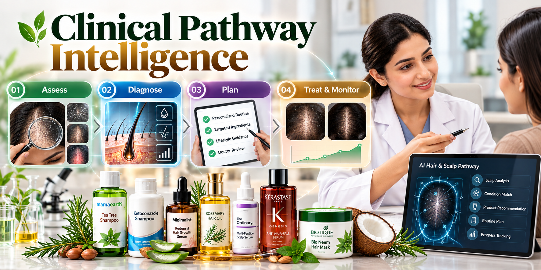 Clinical pathway intelligence for hair and scalp care showing assessment, diagnosis, personalised treatment planning and progress monitoring
