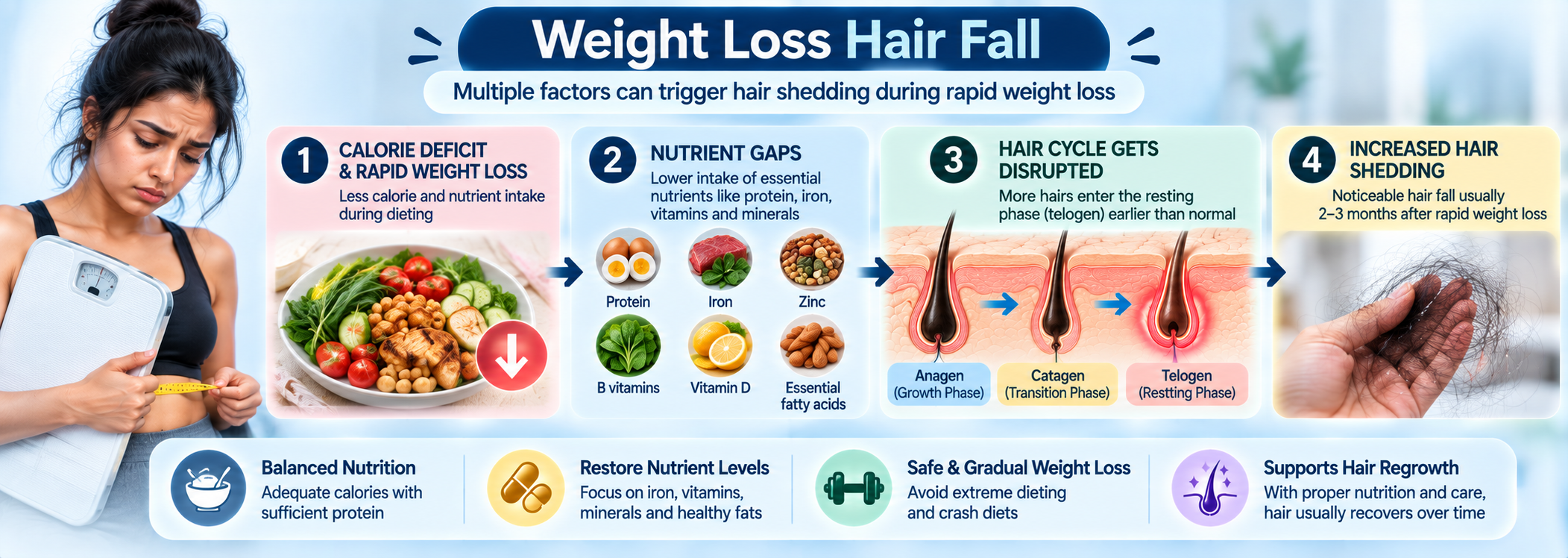Medical infographic explaining hair fall after rapid weight loss, showing telogen effluvium, protein deficiency, iron deficiency and disrupted hair growth cycle