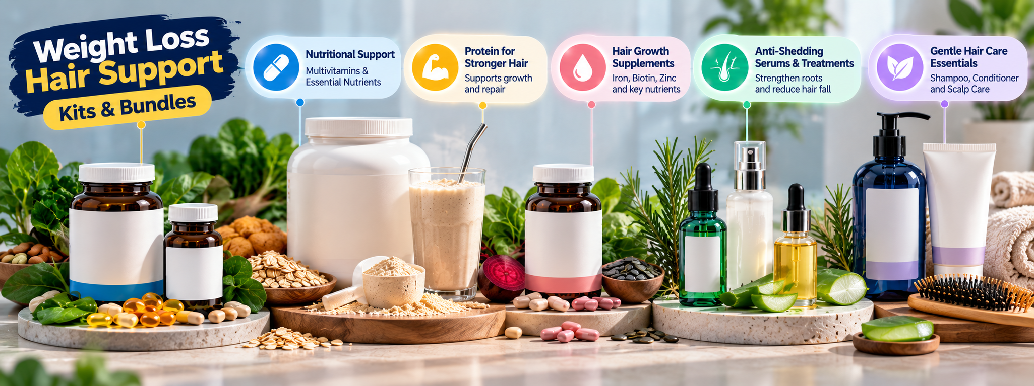 Weight loss hair support kits featuring nutritional supplements, protein support, hair growth products, anti-shedding serums and gentle shampoos
