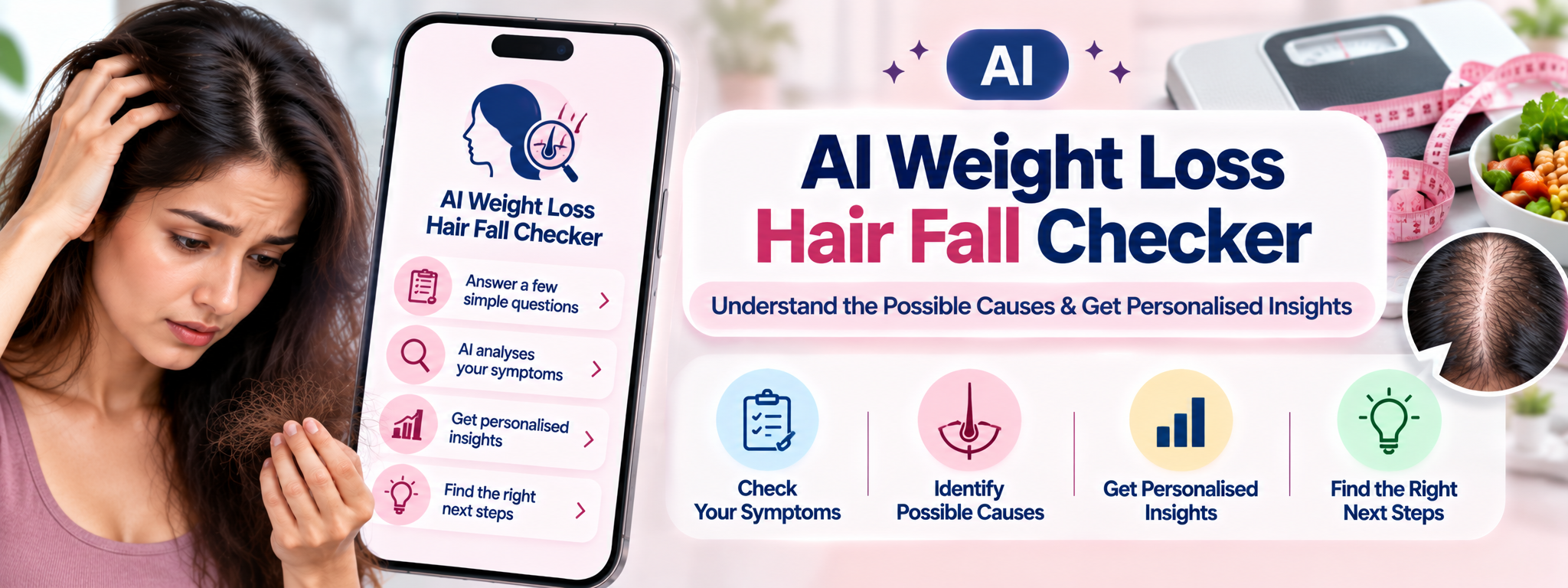 Woman using the AI weight loss hair fall checker to understand possible causes of hair shedding after rapid weight loss — Hairsncares