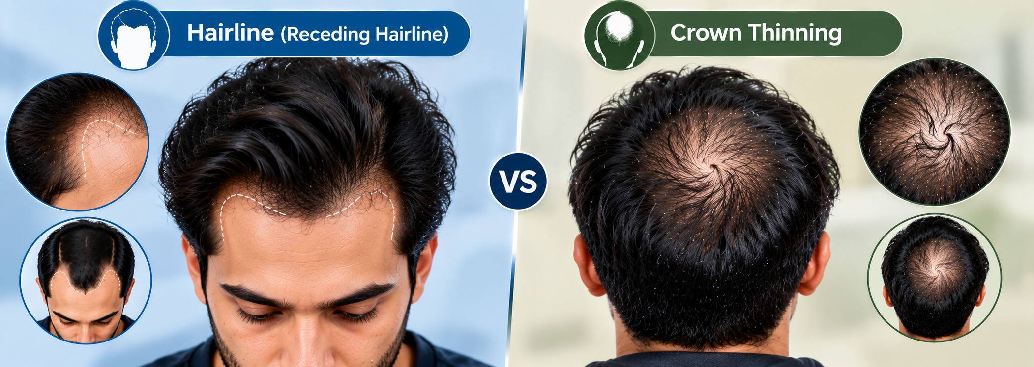 Receding hairline at the front compared with crown thinning at the back of the scalp