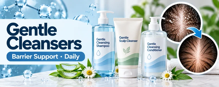 Gentle scalp cleansing shampoo, scalp cleanser, and conditioner with labelled bottles, aloe vera, chamomile, and illustrations of flaky and healthy-looking scalp.