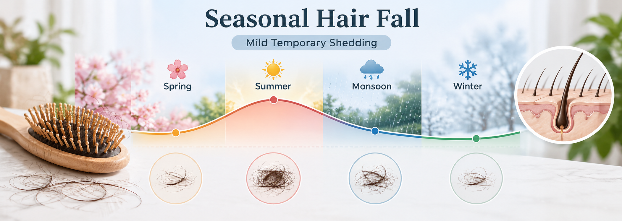 Seasonal hair fall diagram showing mild temporary shedding rising at certain times of year