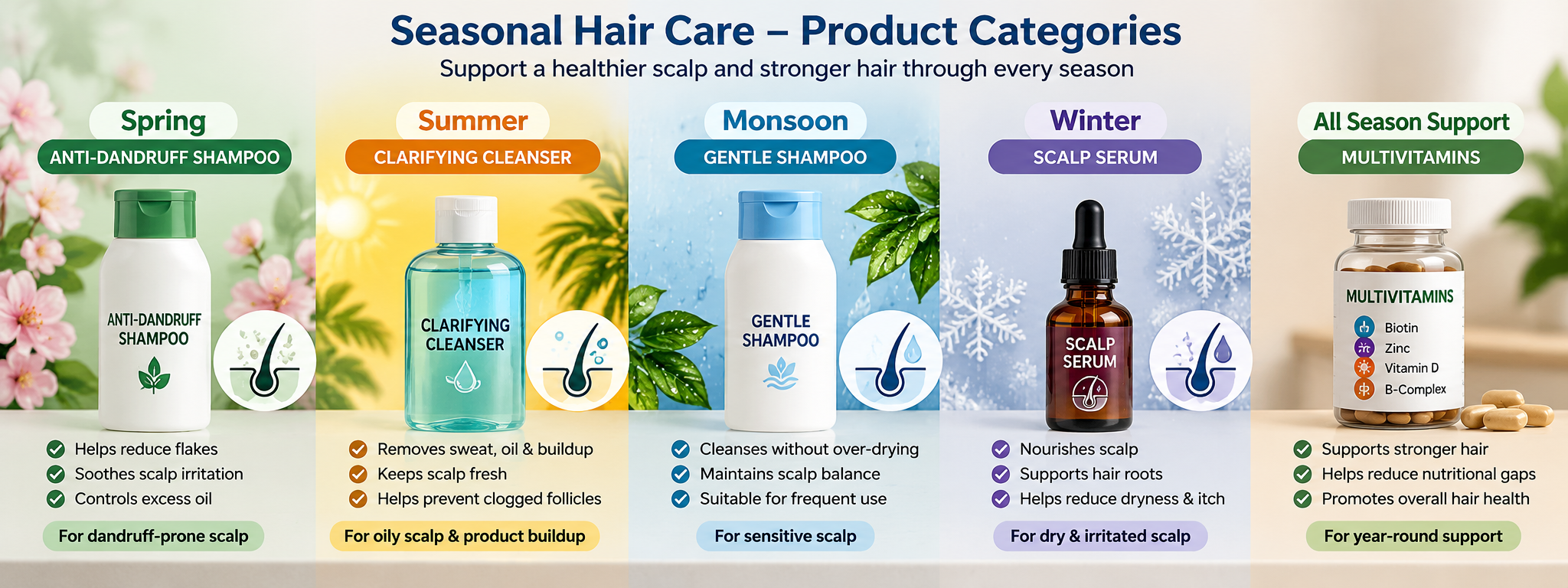 Seasonal hair care categories including anti-dandruff shampoo, clarifying cleanser, gentle shampoo, scalp serum and multivitamins
