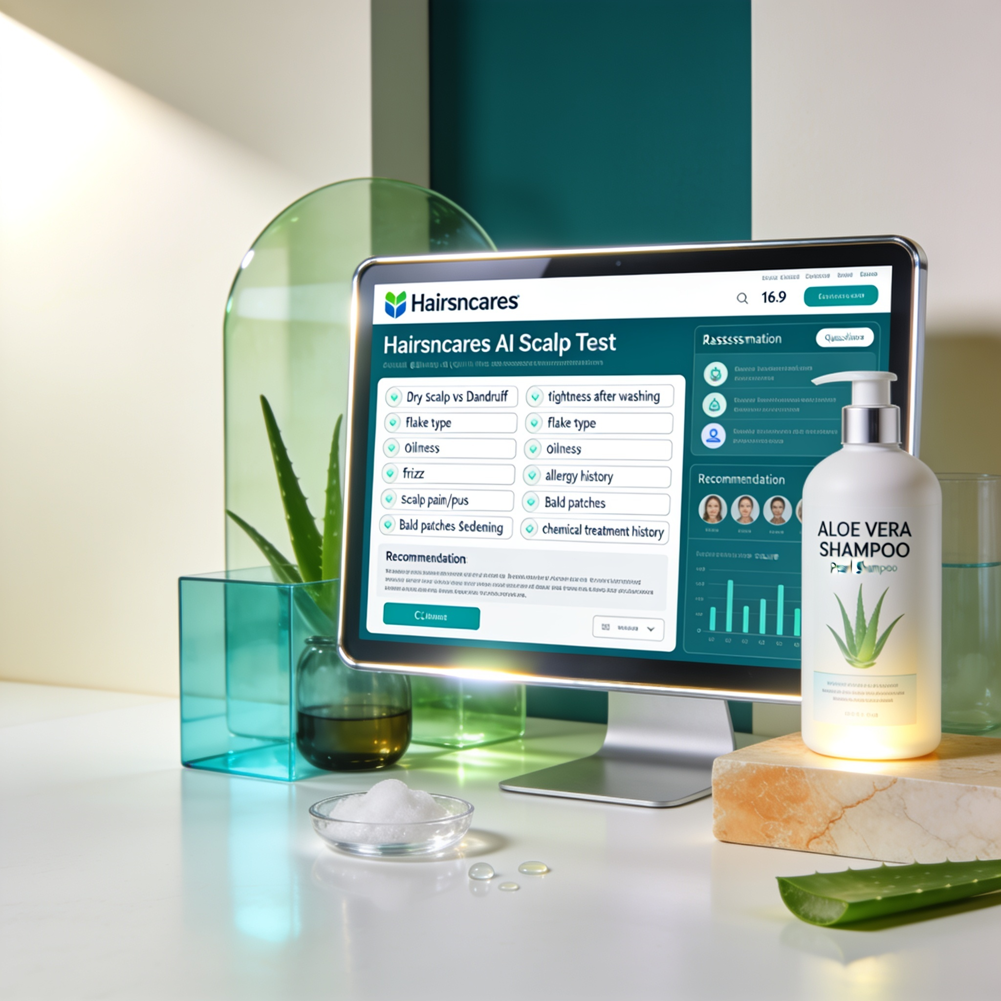 AI Scalp Test for Aloe Vera Shampoo Suitability | Hairsncares AI Scalp Test dashboard assessing aloe vera shampoo suitability for dry scalp