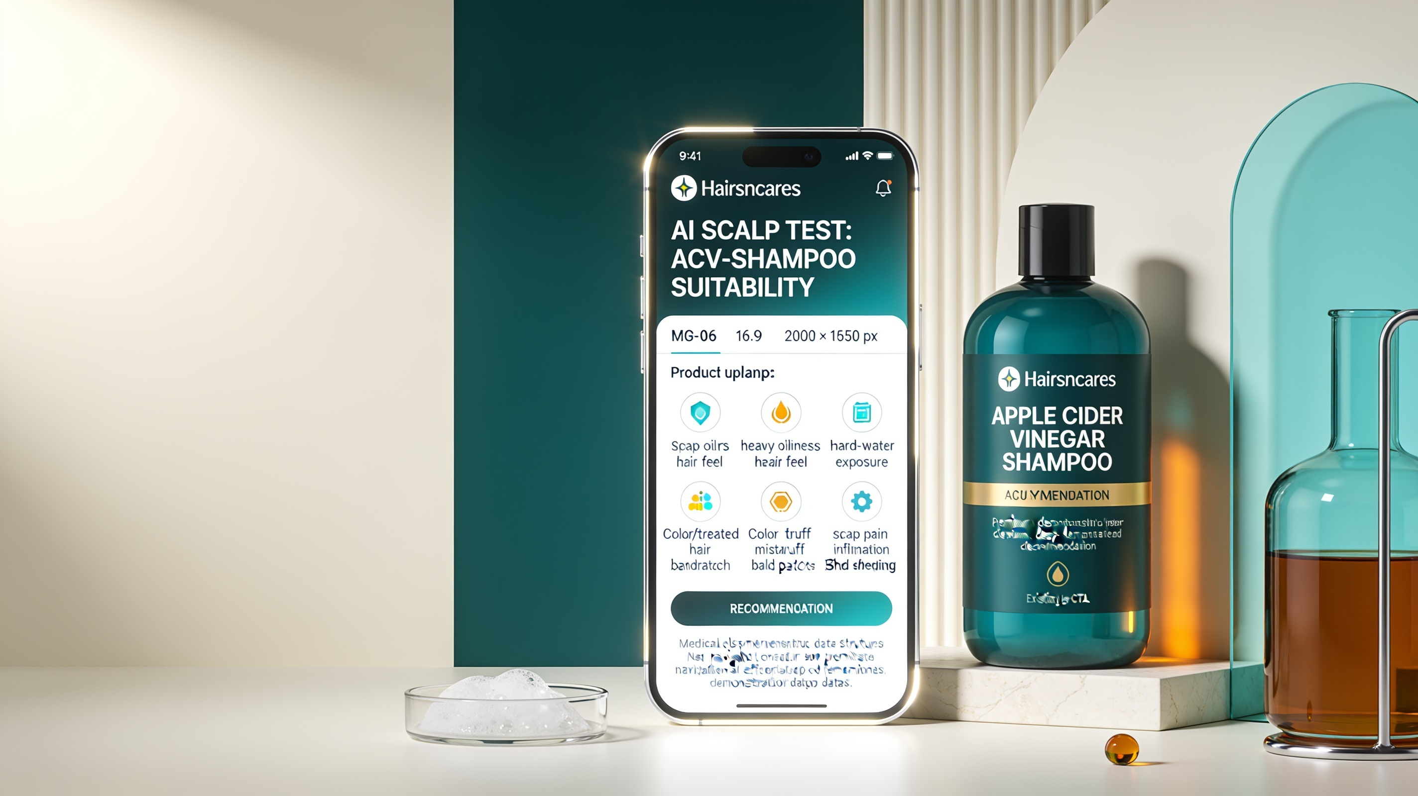 AI Scalp Test for Apple Cider Vinegar Shampoo Suitability | Hairsncares AI Scalp Test dashboard assessing apple cider vinegar shampoo suitability