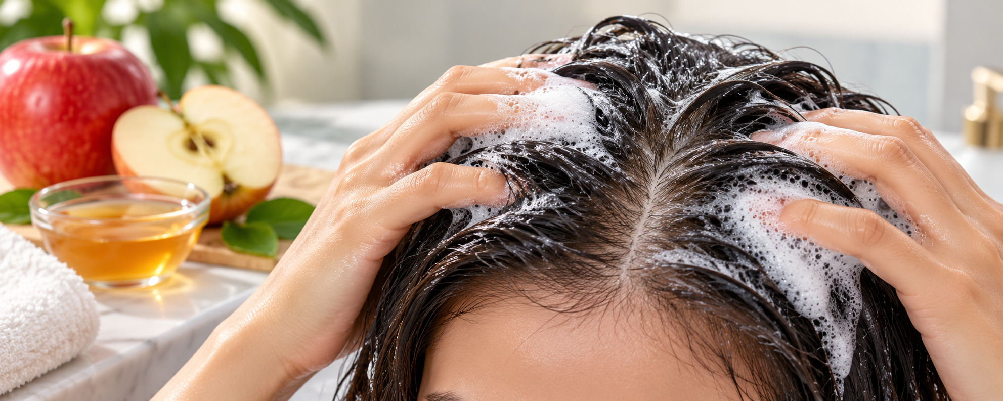 Apple cider vinegar shampoo foam lifting product buildup from scalp and dark hair