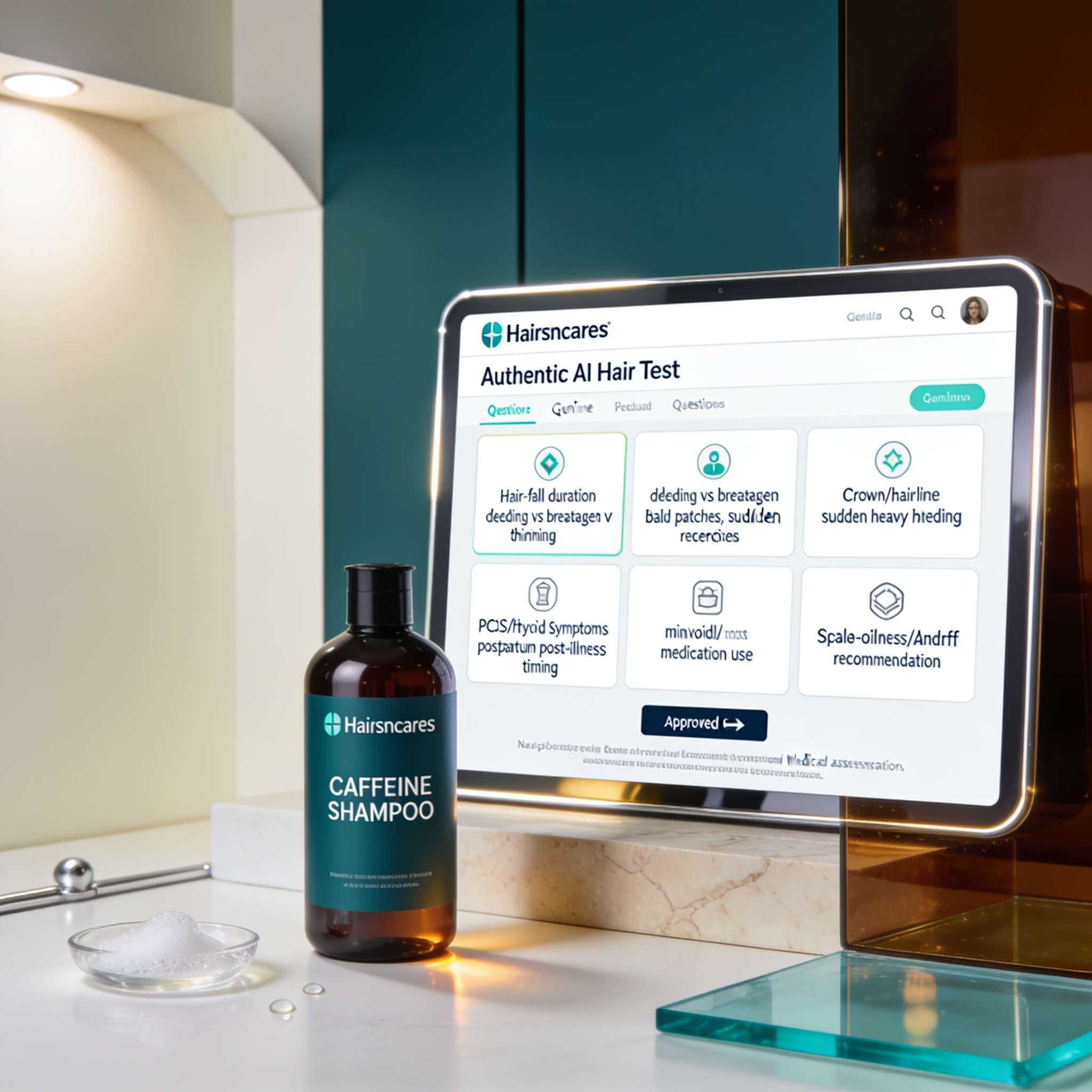 AI Hair Test dashboard assessing caffeine shampoo suitability for a hair-fall pattern
