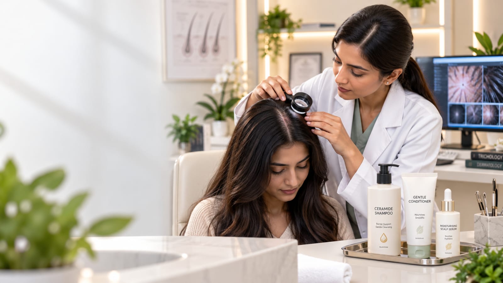 Dermatologist examining persistent scalp symptoms before relying on ceramide shampoo