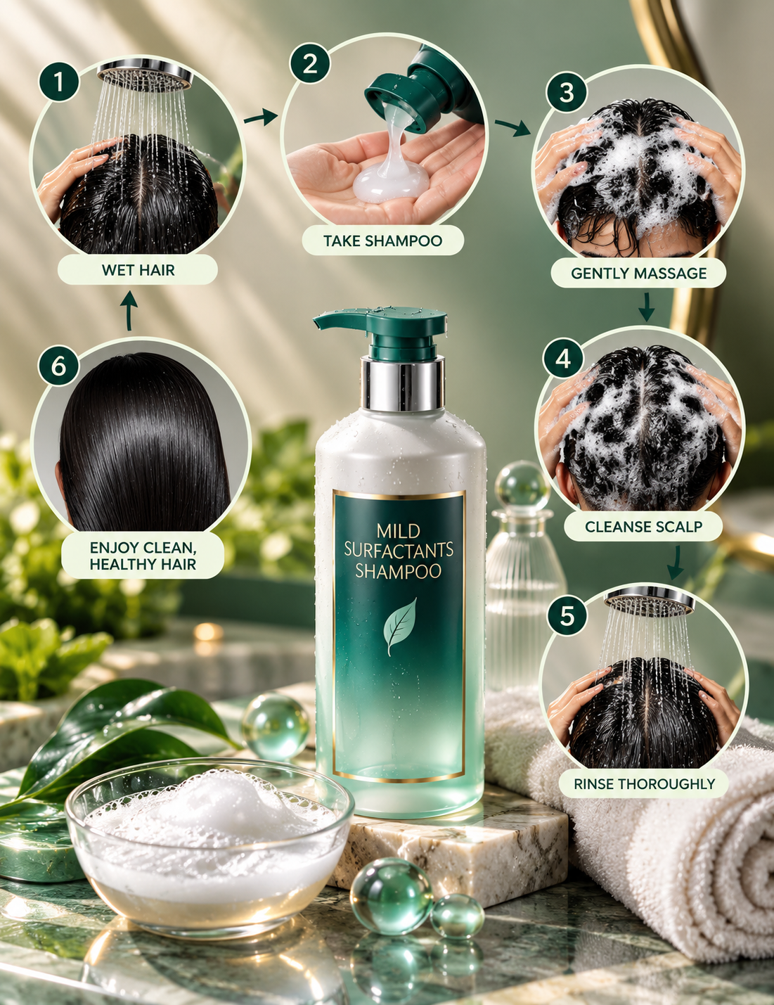 How to use mild surfactants shampoo safely with wetting, applying, gentle scalp cleansing and rinsing steps