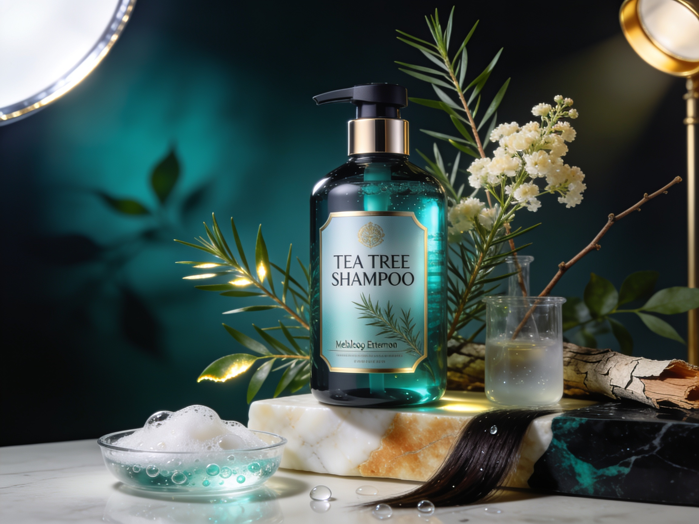 Tea Tree Shampoo for Oily Scalp, Itchy Scalp and Dandruff-Prone Flakes | Hairsncares Tea tree shampoo bottle with narrow green leaves, clinical foam and emerald-teal details