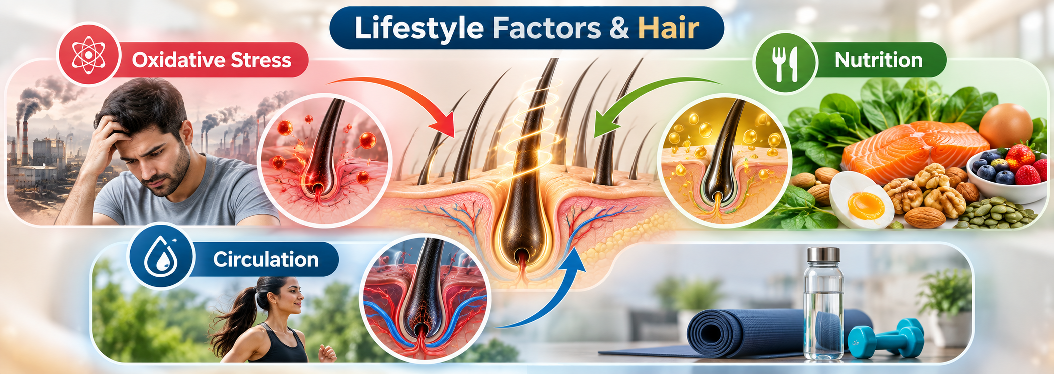 Lifestyle factors and hair explainer showing oxidative stress, circulation and nutrition as contributing factors