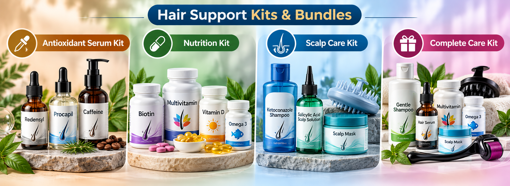Lifestyle hair support kits for antioxidant serums, nutrition, scalp care and complete hair care