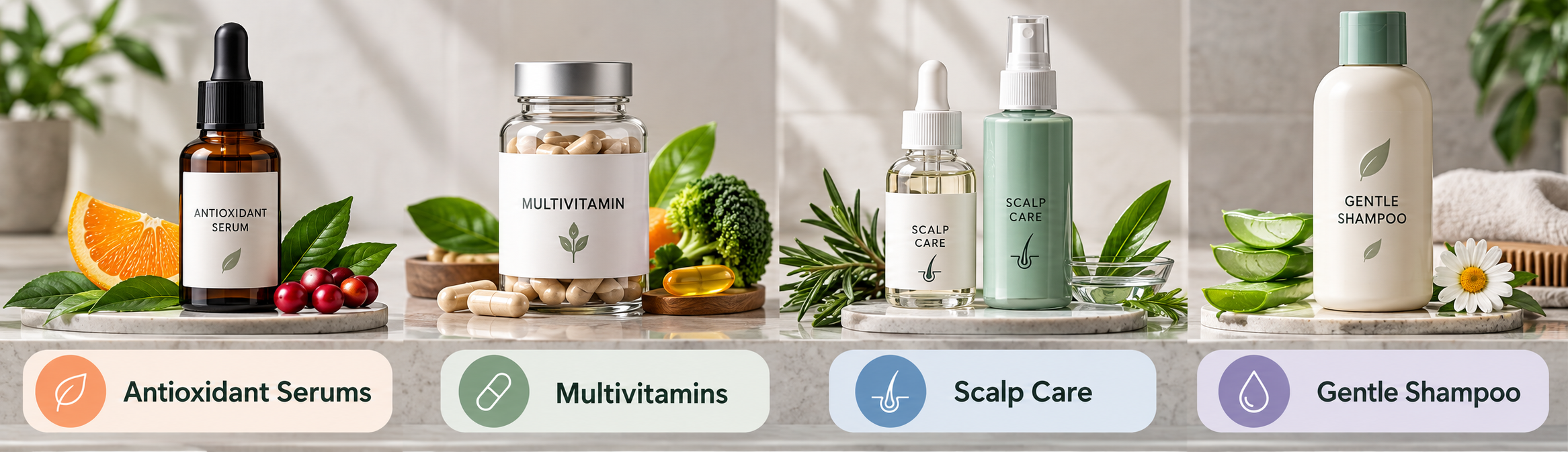 Hair support categories including antioxidant serums, multivitamins, scalp care and gentle shampoo
