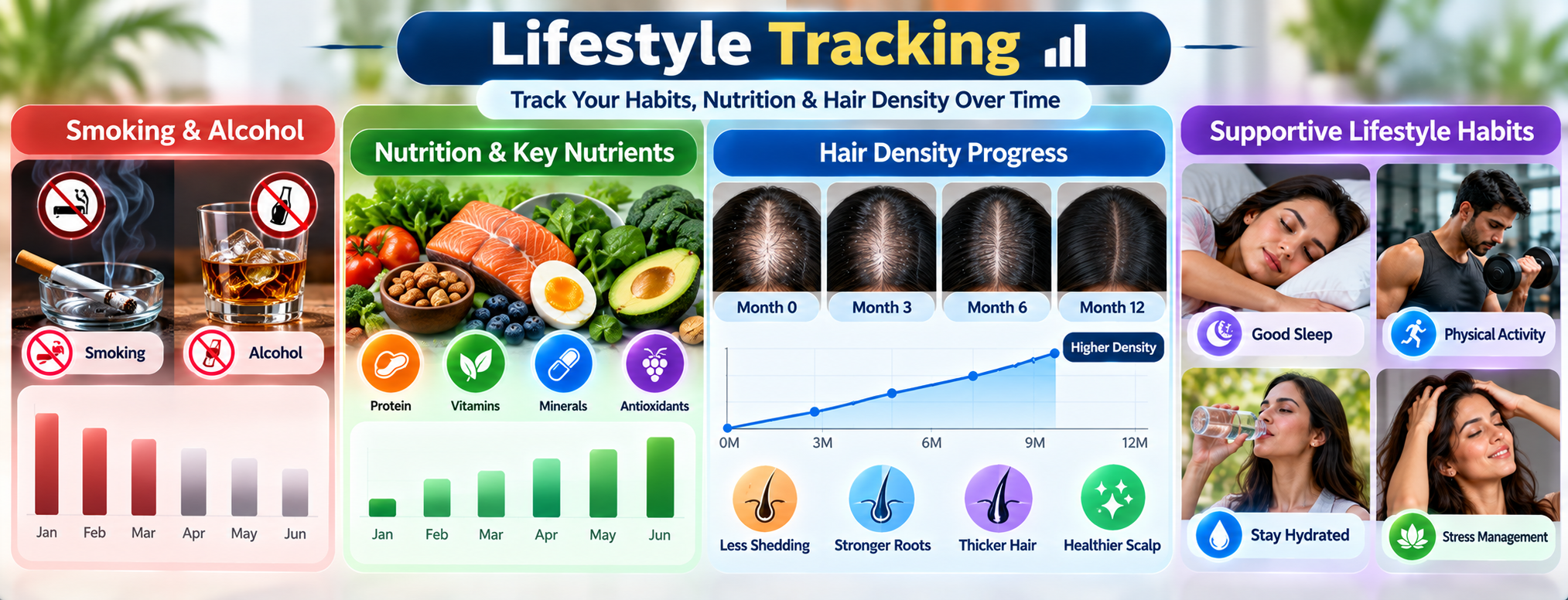 Lifestyle tracking showing smoking, alcohol, nutrition, supportive habits and monthly hair density monitoring
