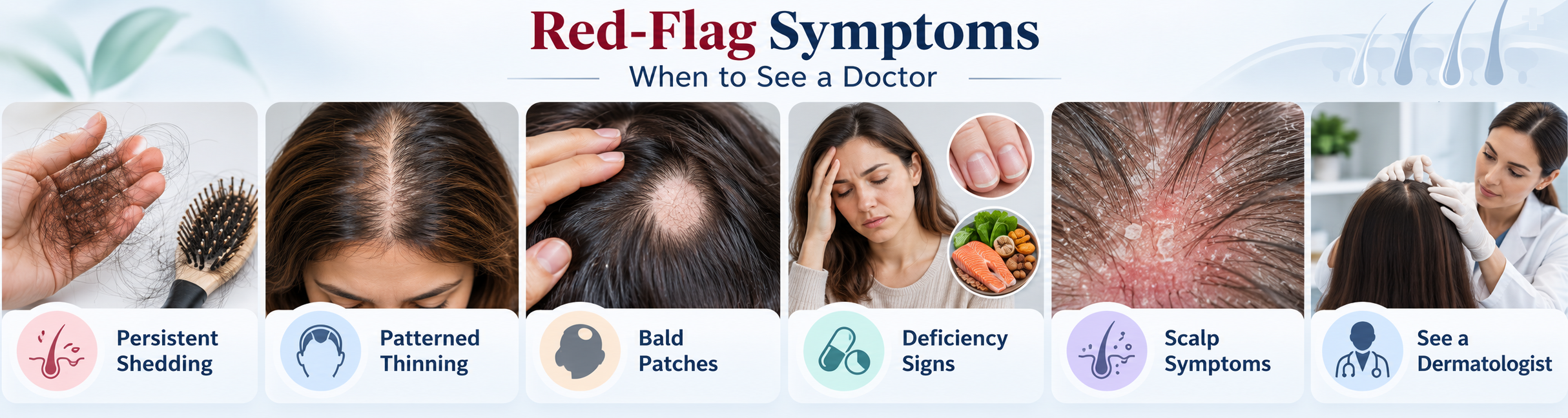 Lifestyle hair loss warning signs including persistent shedding, patterned thinning, bald patches and deficiency signs