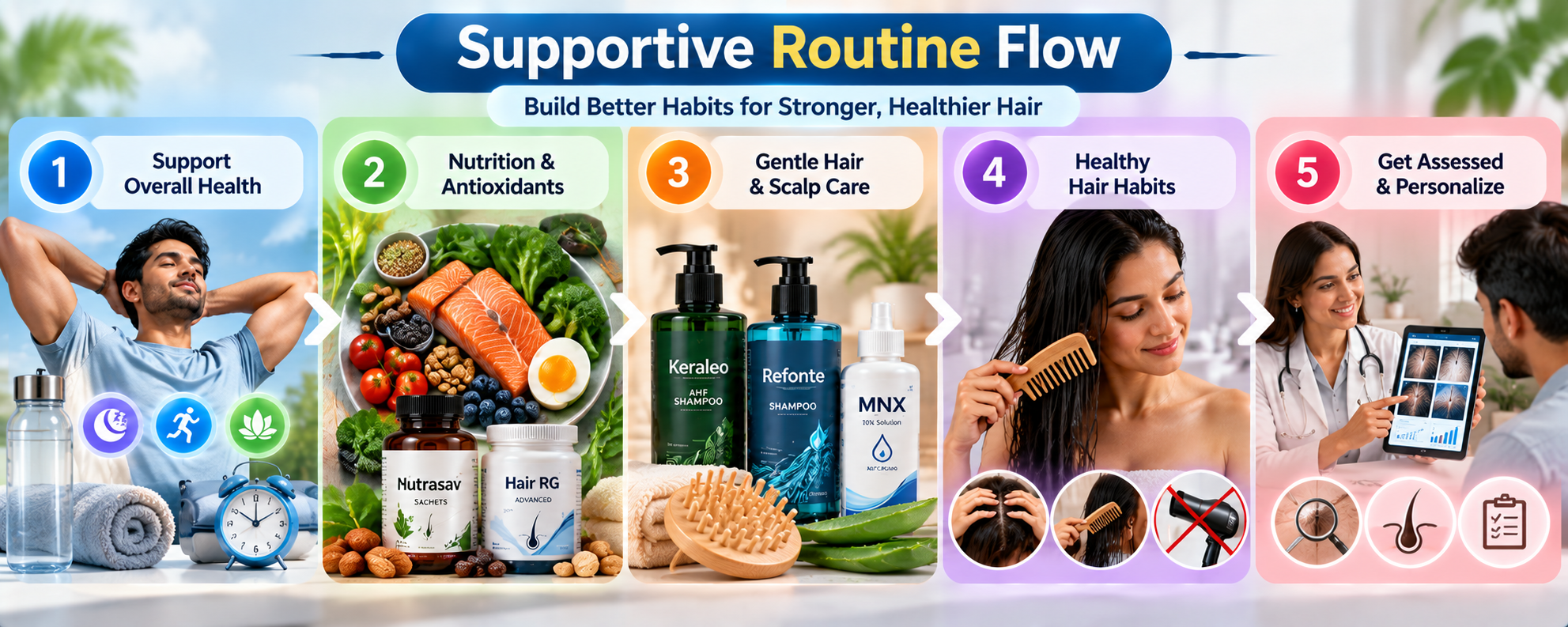 Supportive hair care routine showing overall health, nutrition and antioxidants, gentle scalp care, healthy hair habits and professional assessment
