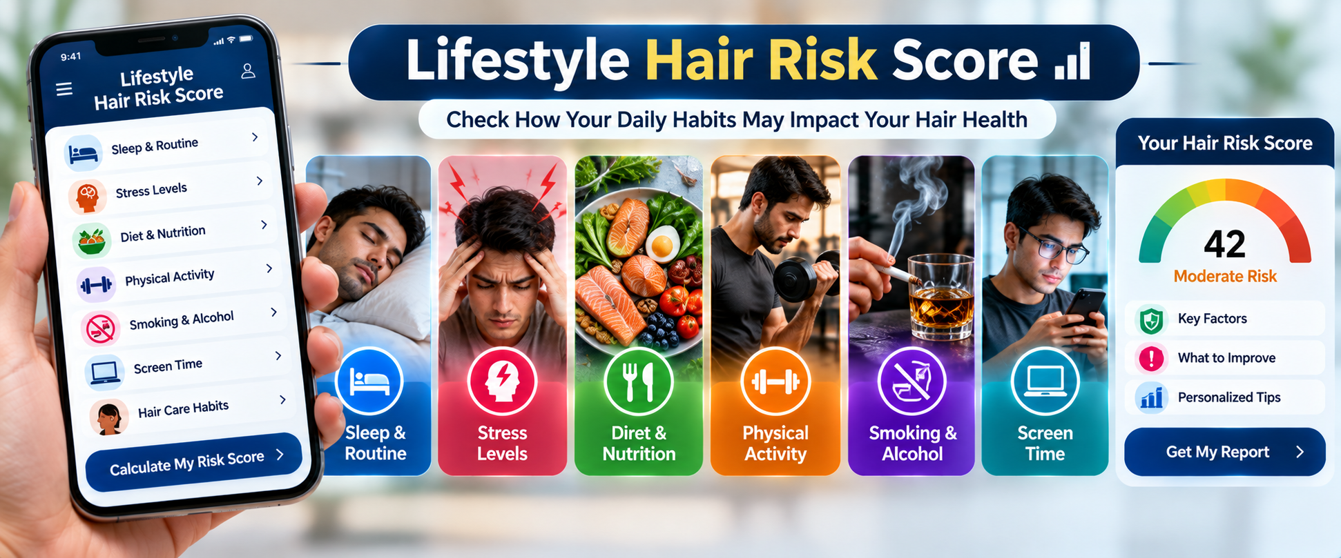Lifestyle hair risk score app showing self-assessment for sleep, stress, nutrition, physical activity, smoking, alcohol and screen time