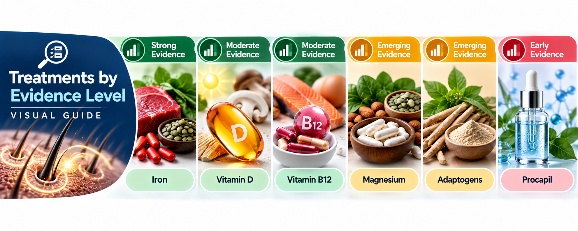 Stress hair loss support showing iron, vitamin D, B12, magnesium, adaptogens and Procapil with evidence levels