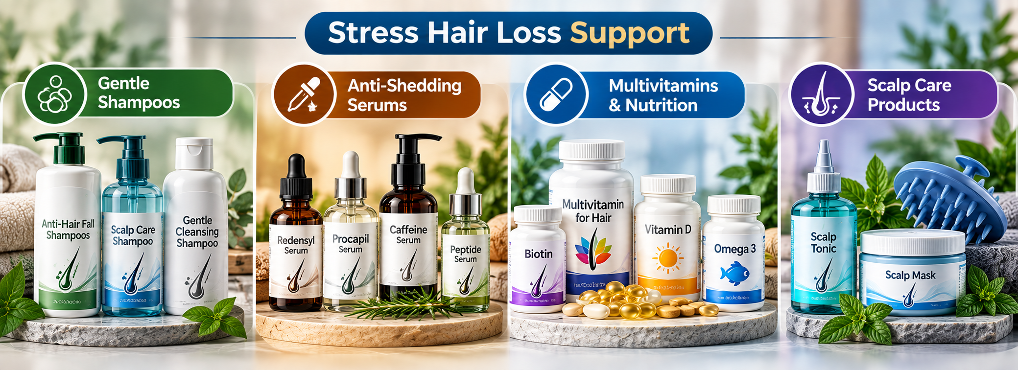 Stress hair loss support categories including gentle shampoos, anti-shedding serums, multivitamins and scalp care products