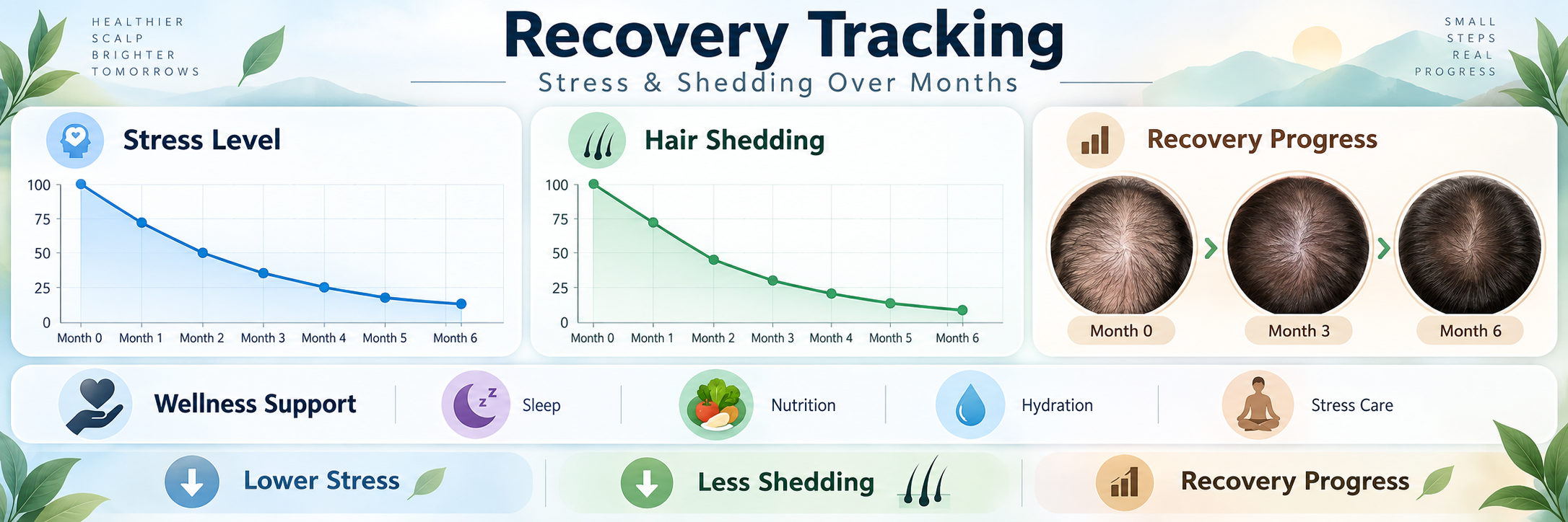 Stress and hair shedding recovery tracker showing lower stress, reduced shedding and hair density improvement over six months