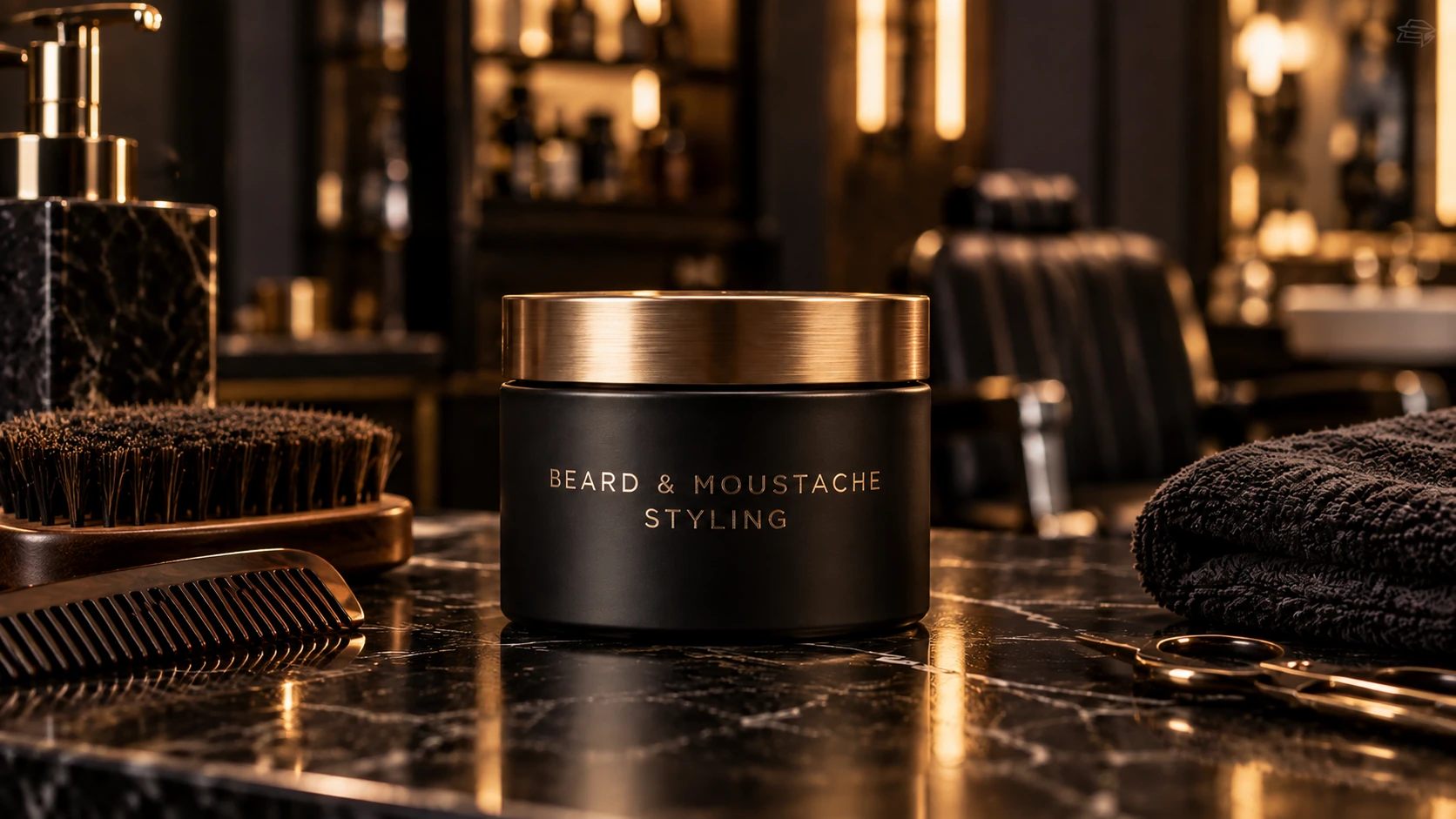 Beard and moustache styling product jar with grooming brush, comb and barber accessories on a premium black marble counter