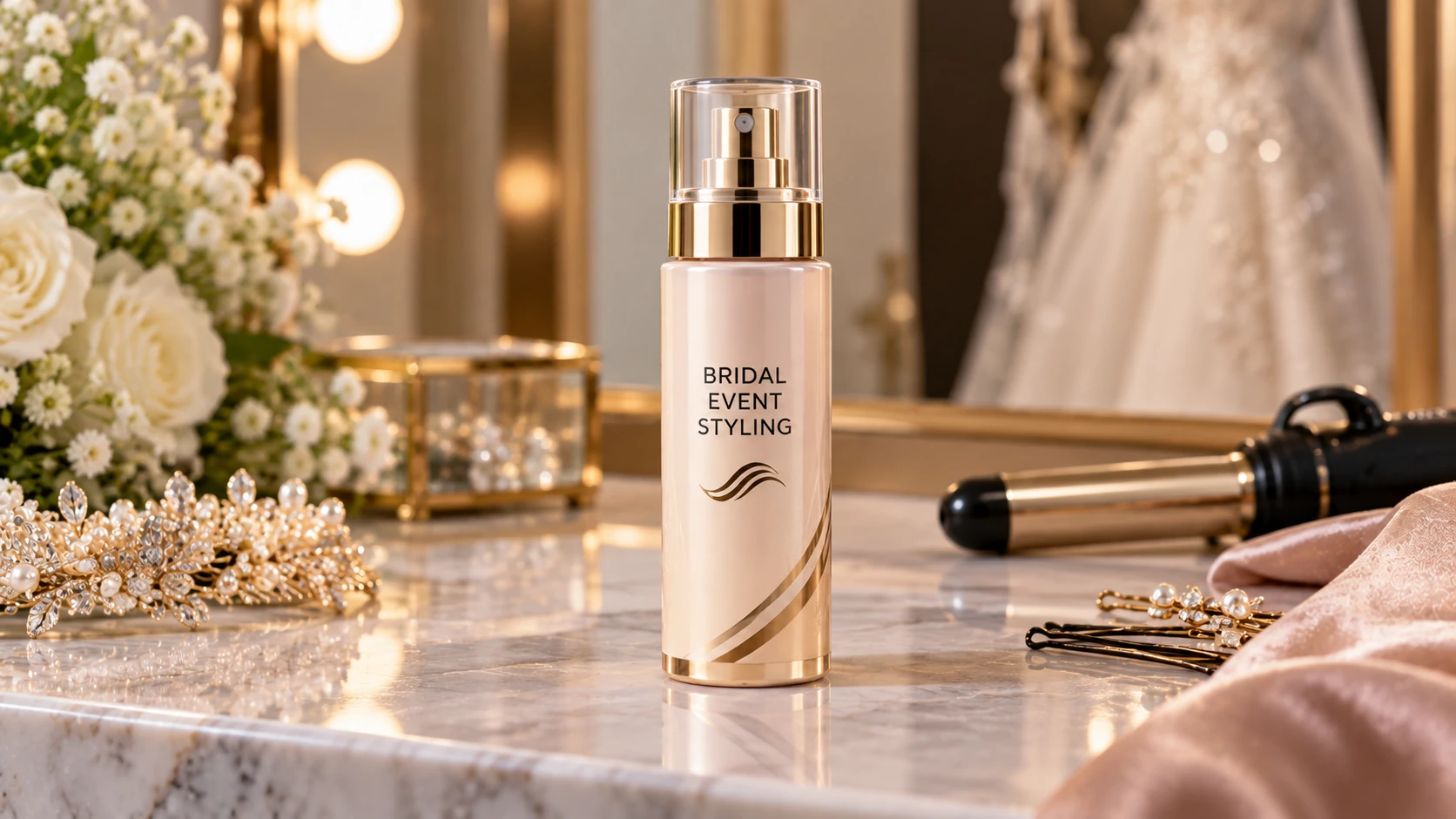 Bridal and event hair styling spray on a vanity with pearl pins, hair tools and a wedding gown behind
