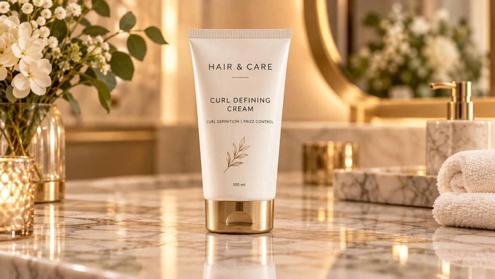 Curl defining cream tube for curl definition and frizz control on a premium marble vanity