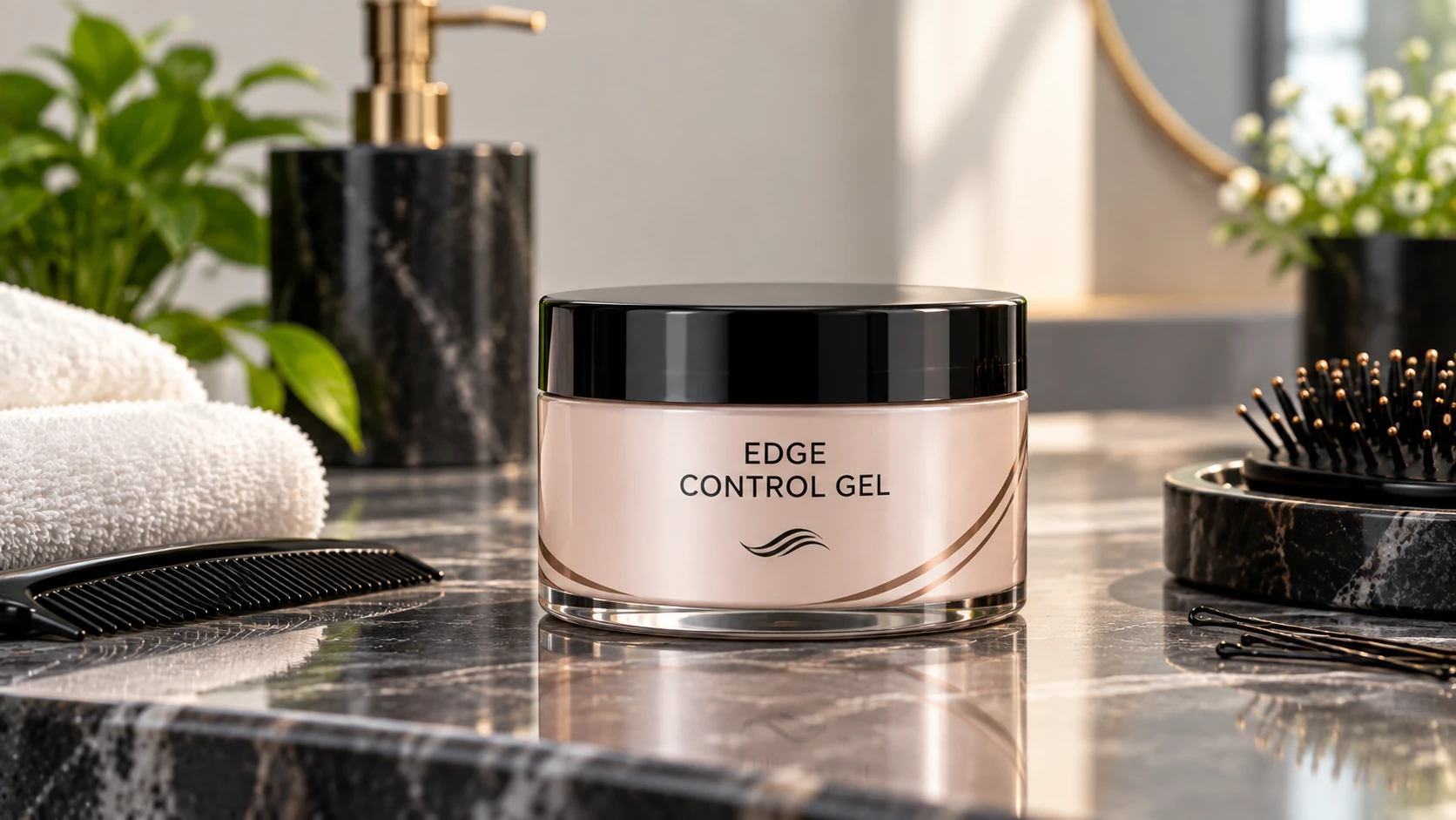 Edge control gel jar for smoothing baby hairs, flyaways and hairline styling on a premium marble vanity