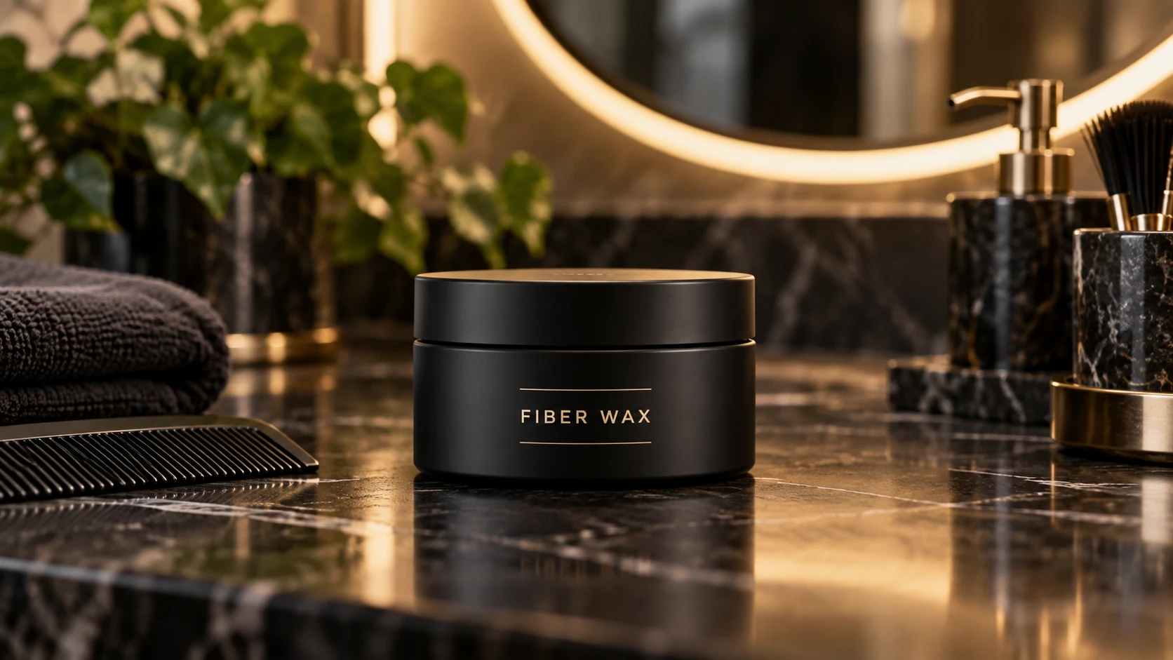 Fiber wax jar for textured hair styling, flexible hold and definition on a premium black marble vanity