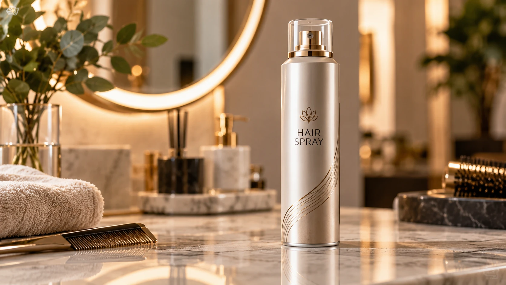 Hair mousse bottle for volume, lift and lightweight body on a premium marble vanity