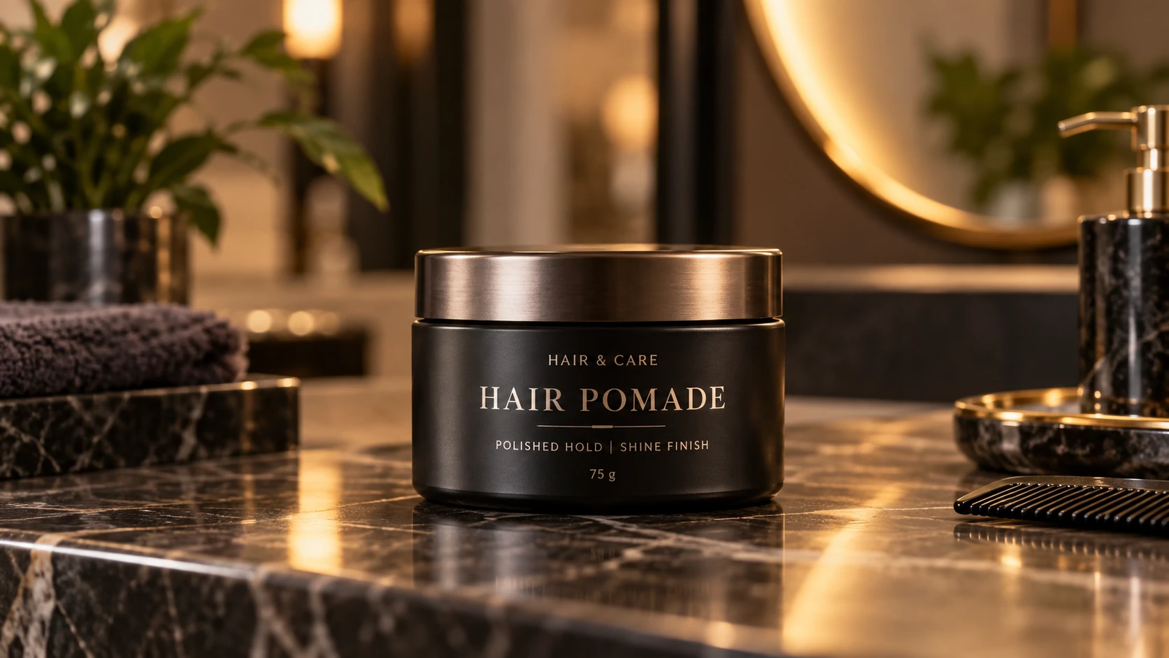 Hair pomade jar for polished hold and shine finish on a premium black marble vanity