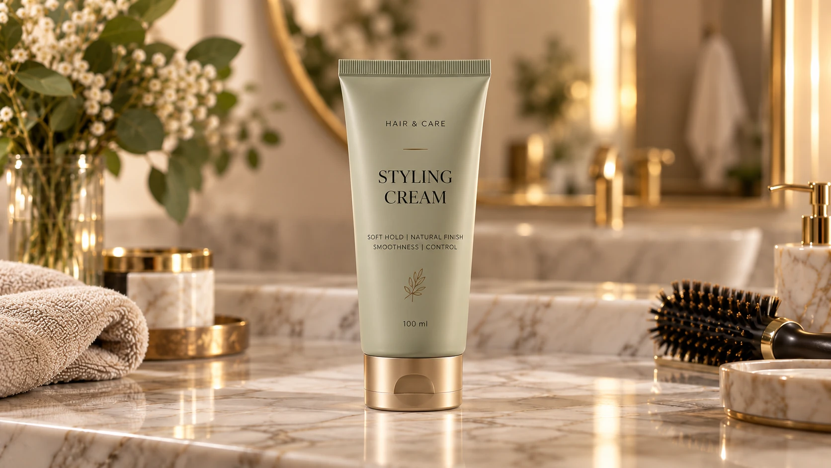 Hair styling cream tube for soft hold, smoothness and natural finish on a luxury marble vanity