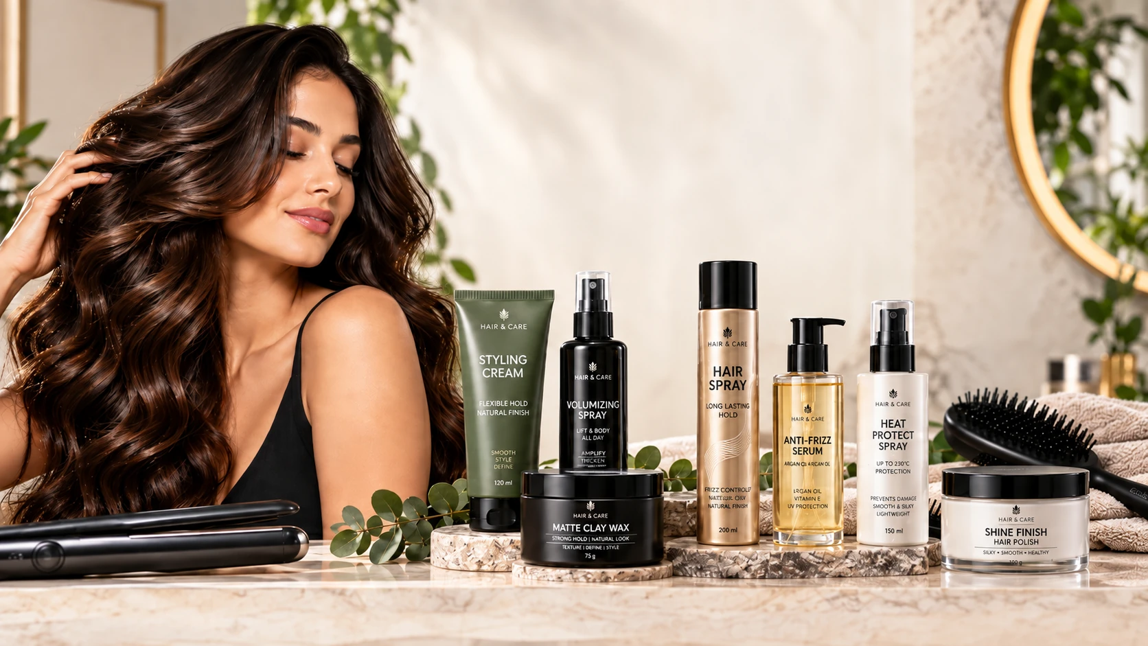 Hair styling products for hold, volume, frizz control and heat protection with professional styling tools